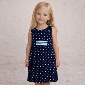 Chez Belle Patsy Aiken Cotton Navy Polka Dot Stripe Ribbon Accent Sheath Dress